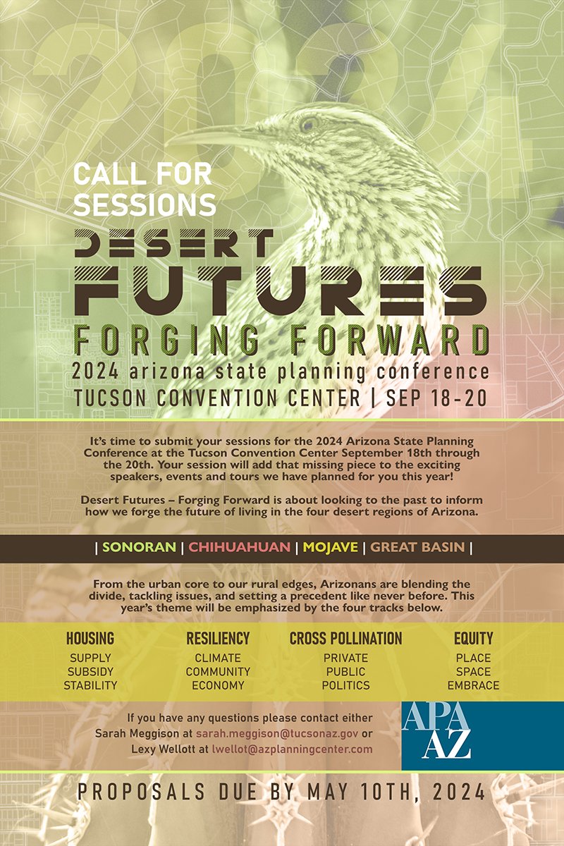 AZPlanning's tweet photo. 2024 Call for Sessions! We are now accepting your session proposals for the 2024 APA AZ State Planning Conference. Your session will add that missing piece to our exciting events and tours we have planned for you this year! Submit your session today: https://t.co/Em72wt6gWH https://t.co/nPGuiOt5wP
