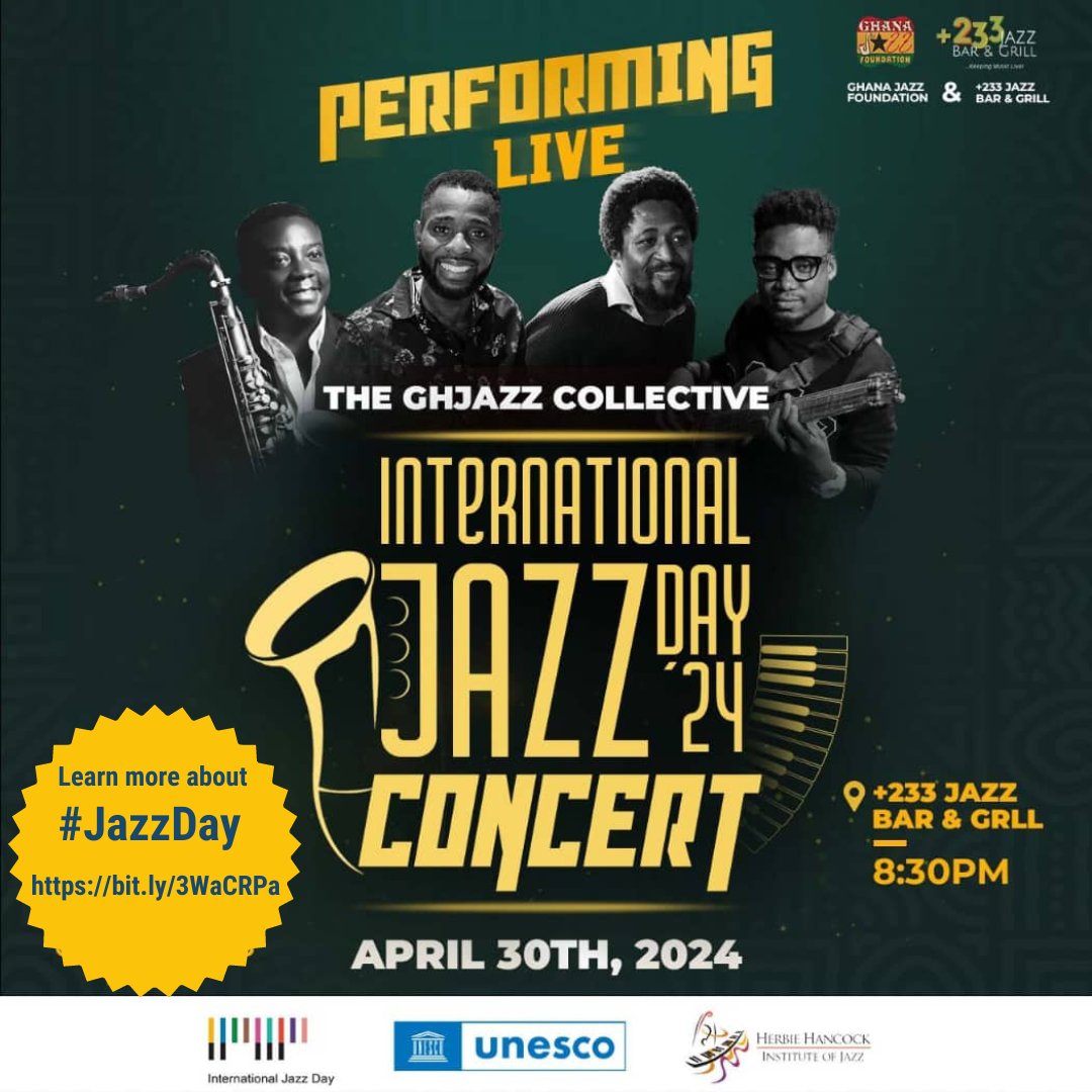 JAZZ📢
🎷Breaks down barriers & creates opportunities for mutual understanding and tolerance;
🎺Reduces tensions between people;
🎶Encourages artistic innovation & stimulates intercultural dialogue.
#UNinGhana, through @UnescoGhana, is pleased to support this event. #JazzDay