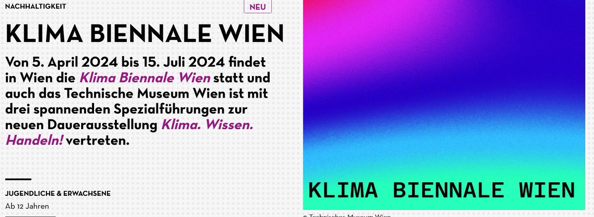 Am 14.06.2024 werde ich im Rahmen der #KlimaBiennale eine Sonderführung zum Thema "Klimakrise - Technikkrise" durch die Ausstellung "Klima. Handeln. Wissen" des <a href="/tmwpress/">tmwpress</a> geben. 

Schaut vorbei, diskutiert mit! Details: technischesmuseum.at/event/klima_bi…