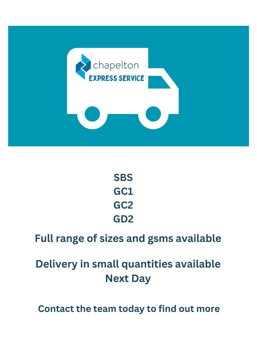 Chapelton are thrilled to offer next-day delivery on a vast range of cartonboard materials...

Whether you're looking for big or small quantities, we have something for you and can deliver within 24 hours.

chapeltonboard.com/chapeltons-exp…

#expressdelivery #ukstock #cartonboard