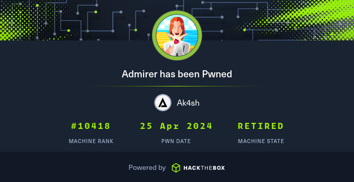 🛡️365 Days of Hacking🛡️ 🔒 Day [116] 🧩 Machine: [Admirer-HTB] 🌟 Difficulty: [Easy] 🔍 Summary: [Found 'Admirer' running via FTP backup, FTP credentials through dirbusting. In 'Admirer', read the SSH pass from source code. Abused Sudo, Python library hijack.]