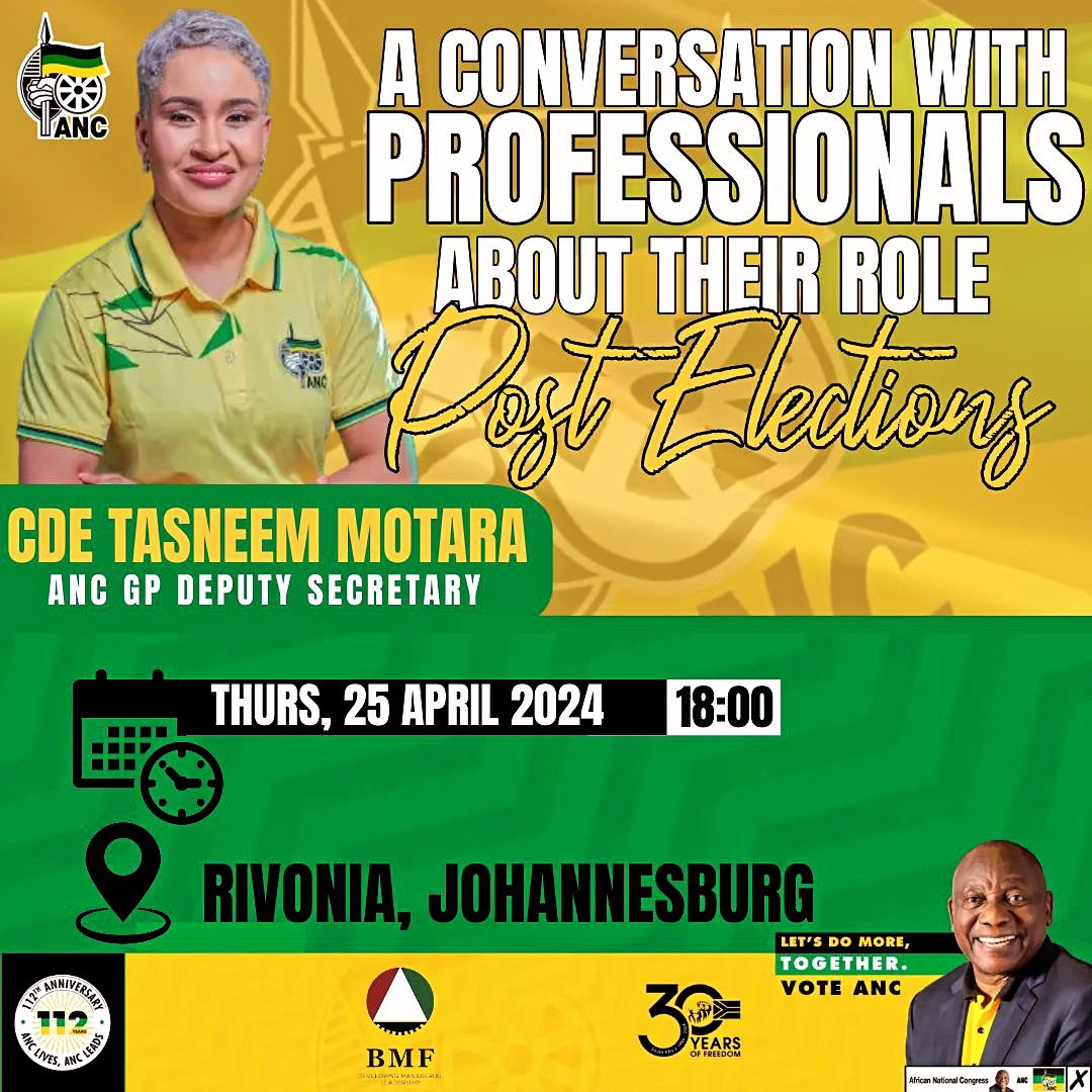 ANC GP deputy Secretary, Cde Tasneem Motara will today be in conversation with stakeholders from the Black Management Forum about the role of professionals post the election season. Other Parties have been invited too. #VoteANC