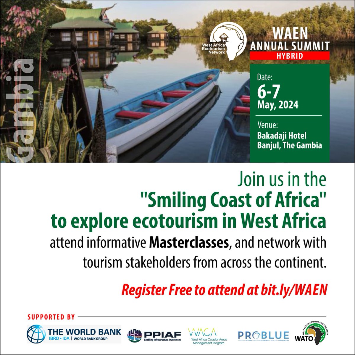 Join us at the 2024 West Africa Ecotourism Network’s Annual Summit. Get a better understanding of ecotourism, and what it takes to sustainably manage an ecotourism operation.
Register at: bit.ly/WAEN
