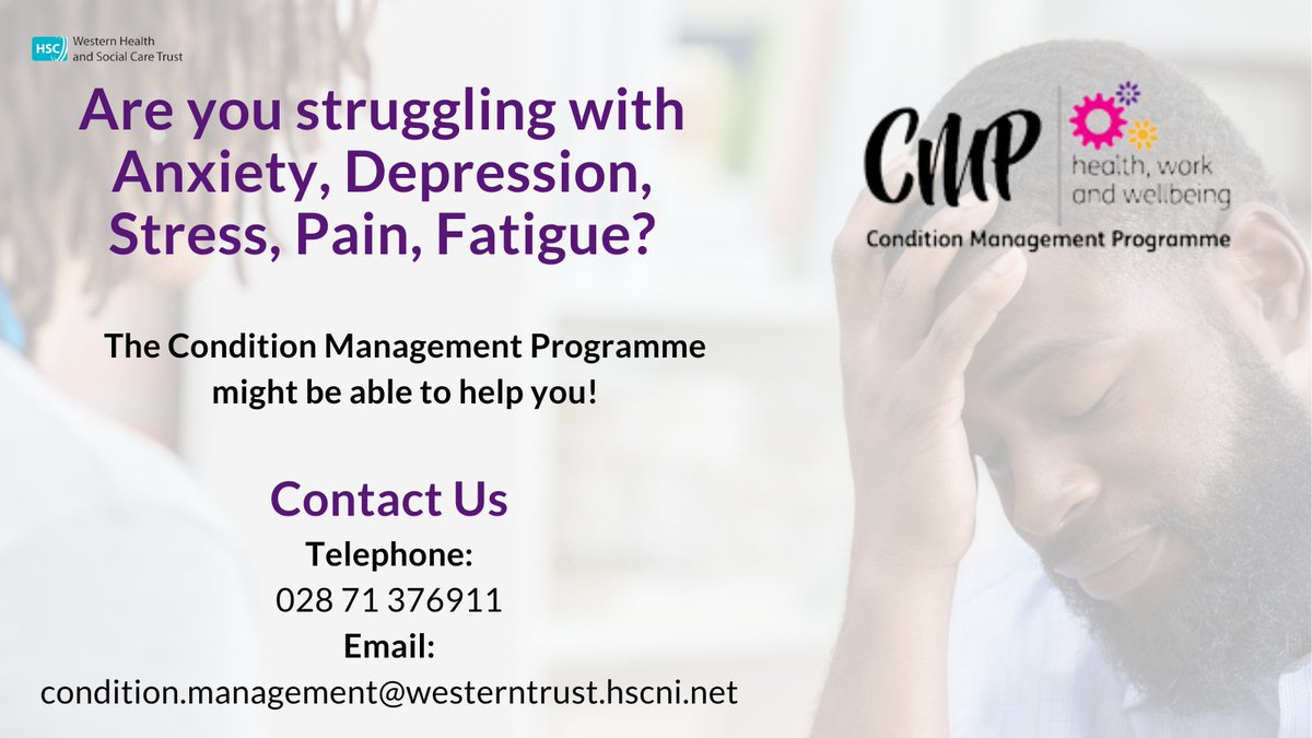 Are you struggling with Anxiety, Depression, Stress, Pain, Fatigue? The Condition Management Programme might be able to help you! For more information visit westerntrust.hscni.net/service/condit… 📞 028 7137 6911 ✉️ condition.management@westerntrust.hscni.net