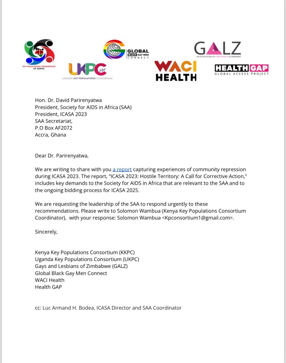 We join @HealthGAP @galzinf @WACIHealth @UKPC_UG and @kpc_kenya in calling @Saafricango to be accountable over the treatment of LGBTIQ+ participants at @icasa2023! REPORT on community oppression available here: bit.ly/3vWVPOJ #Keypopulations #ICASA