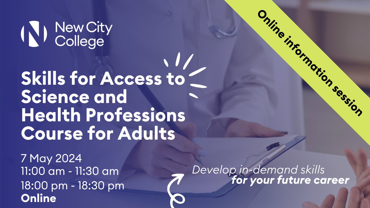🚀 Dive into Science or Health Professions with us! 💼 Join our webinar to explore Access to Science & Health Professions courses at New City College! 🎓 Get ready for: 🔍 Course insights 👩‍⚕️👨‍🔬 Career exploration 🗣️ Q&A with our Deputy Curriculum Director eu1.hubs.ly/H08Qvln0