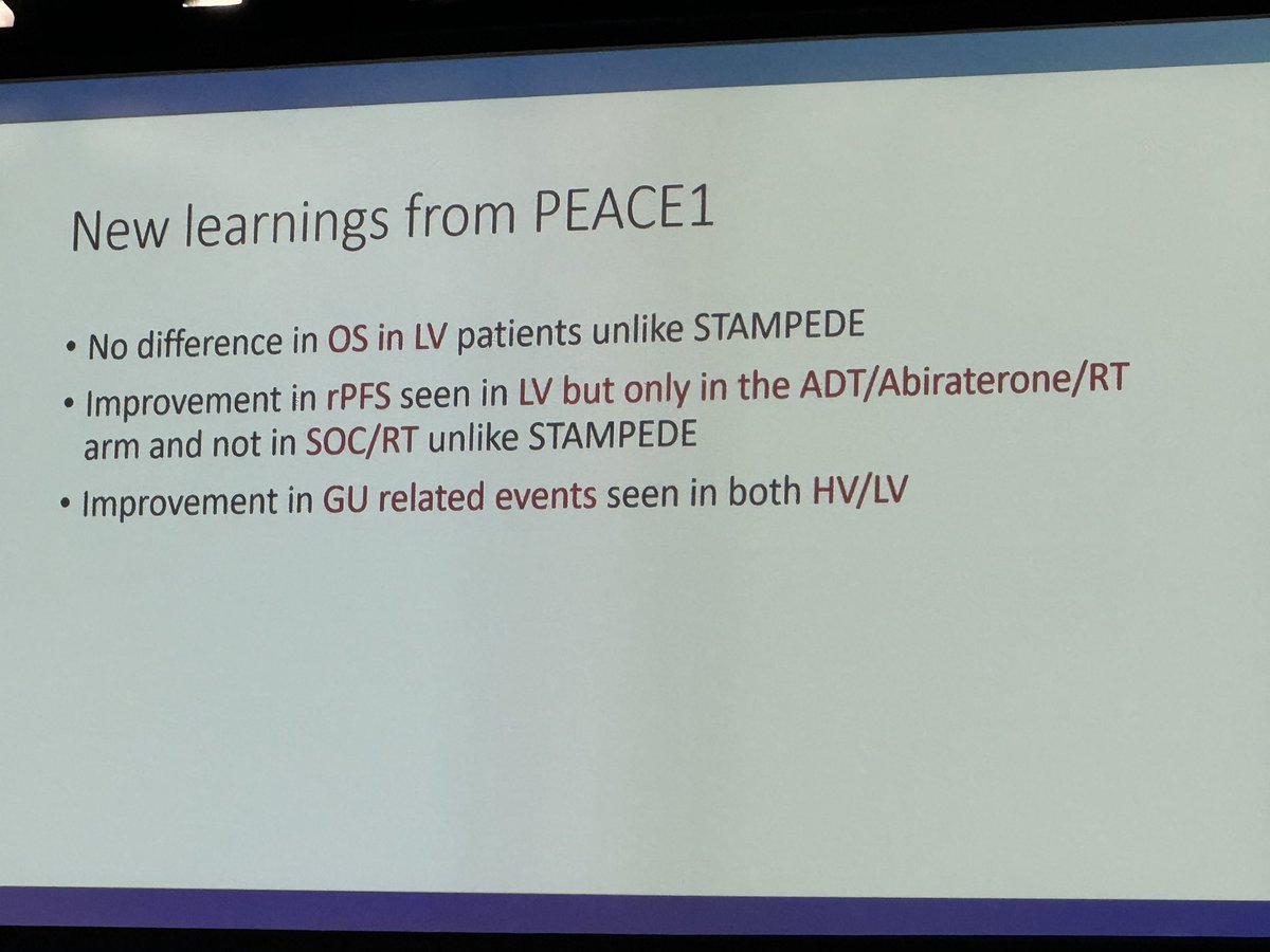 After the OS ⬆️ of RT to the prostate in STAMPEDE Arm H for low volume metastatic PCa, should it now be SOC for both low and high volume after PEACE-1 demonstrated ⬇️ serious GU symptoms in the era of systemic intensification? Excellent presentation from @sandysrimd. #APCCC24…