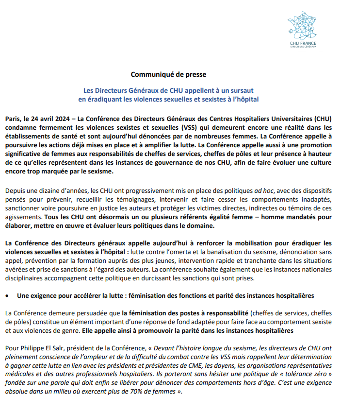 <a href="/DG_CHRU/">Directeurs généraux de CHRU</a> condamne fermement les #violencessexistesetsexuelles persistantes dans les établissements de #santé, dénoncées par de nombreuses femmes.

Retrouvez notre #tribune 👇
linkedin.com/feed/update/ur… 

<a href="/fredvalletoux/">Frédéric Valletoux</a> <a href="/FCREMIEUX/">François Crémieux</a> <a href="/RemiSalomon/">rémi Salomon</a> <a href="/Benoit_Veber/">Benoît Veber</a> <a href="/PhilippeElsair/">Philippe EL SAÏR</a>