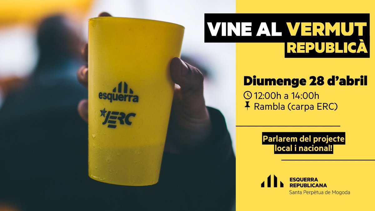 EsquerraSPM's tweet photo. 🍻 [VERMUT REPUBLICÀ]

Reserva’t aquest diumenge i vine a fer el #Vermut amb nosaltres!

⏰ Diumenge de 12h a 14h
📍 Rambla (carpa d’@EsquerraSPM)

Catalunya necessita un president que estigui al costat de la gent: al costat de Catalunya. Fem-ho possible‼️ https://t.co/Hx5P8yNem3