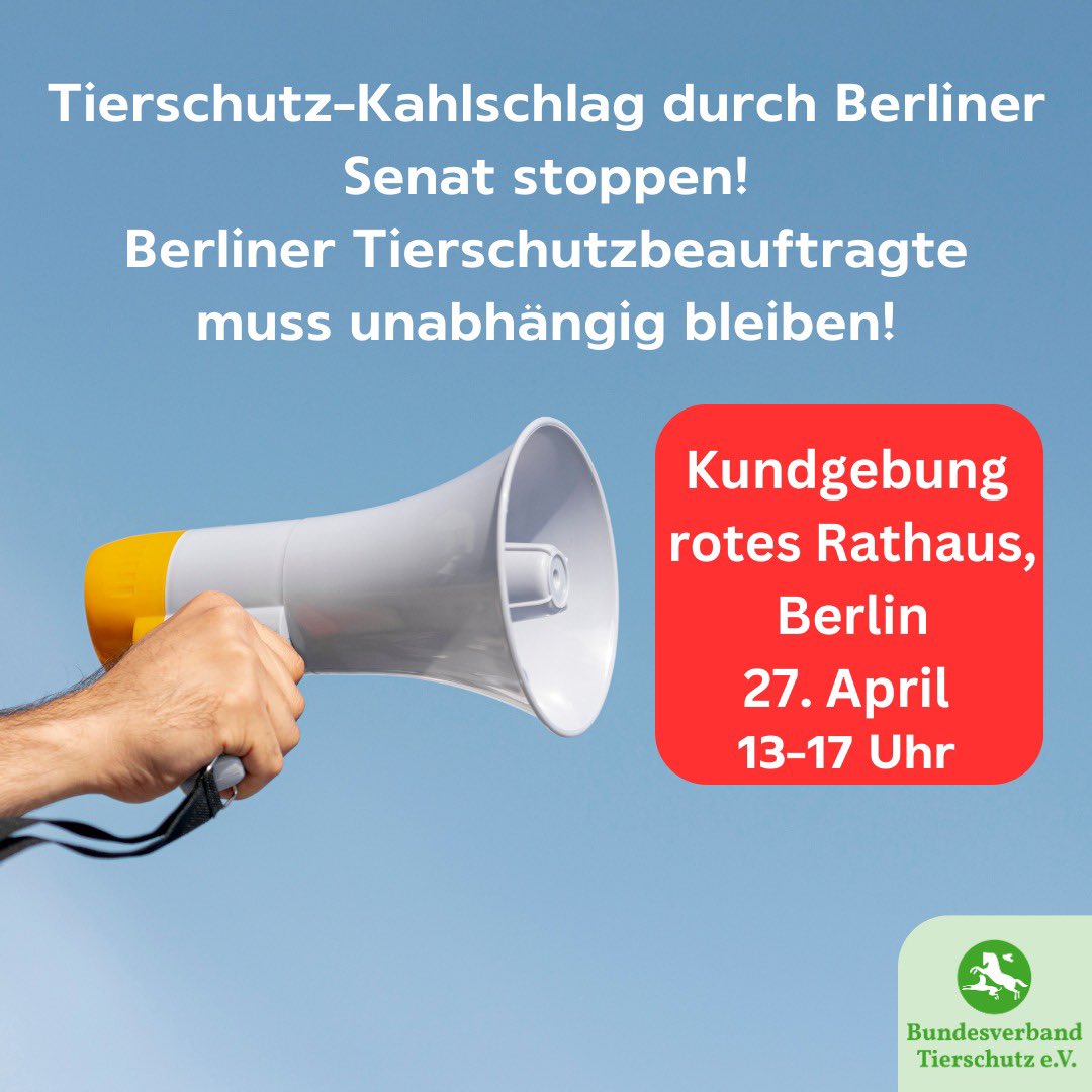 Seit dem Regierungswechsel in Berlin geht es mit dem Tierschutz in der Hauptstadt bergab. Mit befreundeten Organisationen demonstrieren wir am 27.04. am roten Rathaus in Berlin. Kommt auch und zeigt Präsenz. #tierschutz #tierrechte #demo #berlin #kundgebung