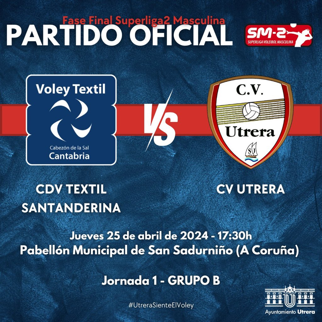 𝐏𝐀𝐑𝐓𝐈𝐃𝐎 𝐎𝐅𝐈𝐂𝐈𝐀𝐋

¡Pistoletazo de salida a la 𝘍𝘢𝘴𝘦 𝘍𝘪𝘯𝘢𝘭 𝘚𝘶𝘱𝘦𝘳𝘭𝘪𝘨𝘢2!

📅 Jueves 25 de abril
⏰ 17:30h
🆚 <a href="/VoleyTextil/">Voley Textil</a> 
🏟️ Pabellón Municipal
📍 San Sadurniño (A Coruña)
📺 youtube.com/@utreraaldia45…
🏆 Jornada 1 | Grupo B

#UtreraSienteElVoley