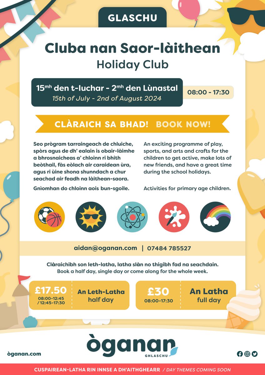 Cluba nan Saor-làithean an Samhradh / Summer Holiday Club 🏖️

✍️ Clàraich sa bhad! / Book now!

#òganan #childcare #Gaelic #gaidhlig #glasgow #summer