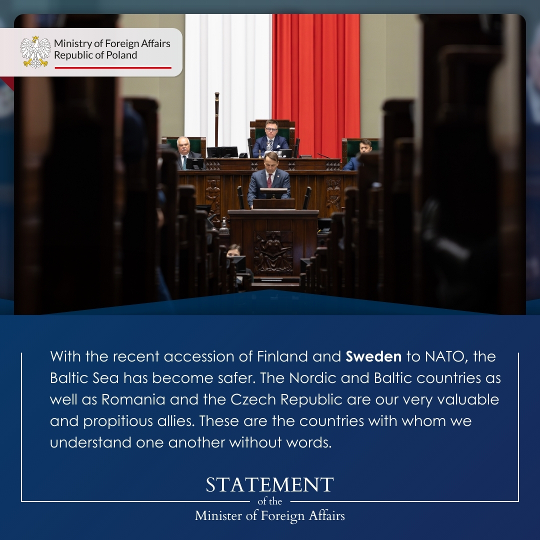 During today's speech at @PLParliament on 🇵🇱 foreign policy, FM @sikorskiradek emphasised in his address the close cooperation with Sweden 🇸🇪 and other Nordic states.

The Minister also outlined the joint efforts of 🇵🇱 and Northern countries to support Ukraine.

#exposeMSZ