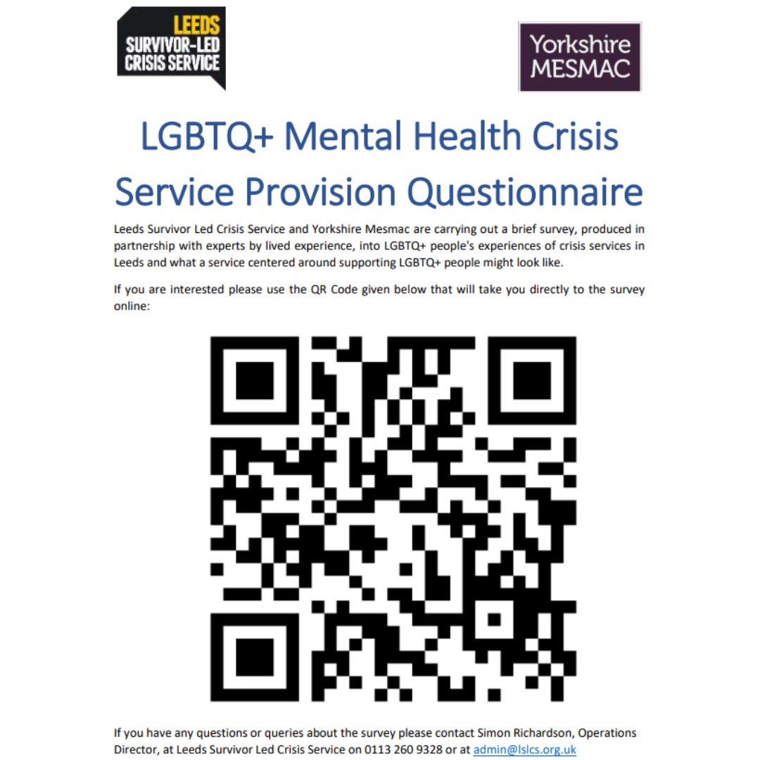 We are sharing this survey in hopes that LGBTQ+ people can share their experiences of using crisis services in Leeds. This is the URL to fill the form out: forms.office.com/e/ujjmXWnz9Q If you have any questions about the survey, you can contact 0113 260 9328 or admin@lslcs.org.uk