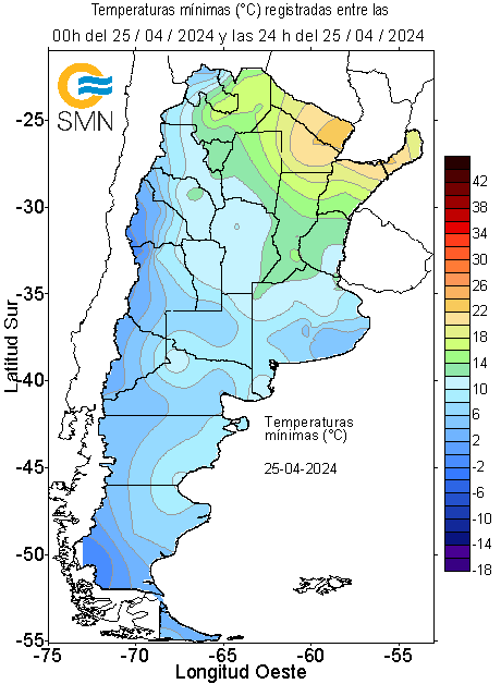 🥶 Localidades más frías (°C) esta mañana: El Calafate -2 Uspallata 0.2 Chapelco 3 Río Grande 3 Jáchal 3 Malargüe 3 Río Gallegos 3.5 Tandil 4 Esquel 4.4 La Quiaca 4.7 Bariloche 4.9 Maquinchao 5 Perito Moreno 5 Ushuaia 5 Villa Gesell 5.2 Pto. Sta. Cruz 5.2 Mar del Plata 5.3