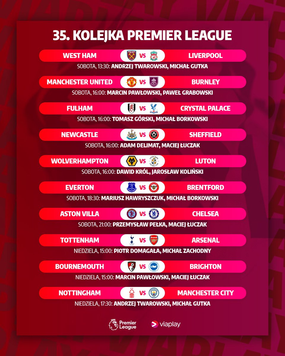 Walka o tytuł mistrza Anglii trwa! 3️⃣5️⃣. kolejka Premier League zapowiada się emocjonująco. Oto nasz plan transmisji: 📺 Oglądaj w Viaplay #domPremierLeague