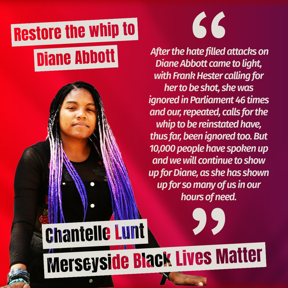 Campaigner with @MerseysideBLM  @ChantelleLunt on the racist targeting of fellow anti-austerity voice @HackneyAbbott, and the growing calls for the party leadership to #RestoreTheWhip- you can show your support by signing the petition here: actionnetwork.org/petitions/rest…