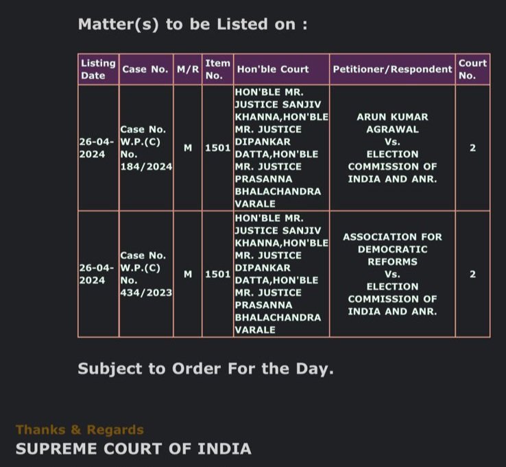 Judgment on #EVM #VVPAT listed for tomorrow at the #SupremeCourtOfIndia