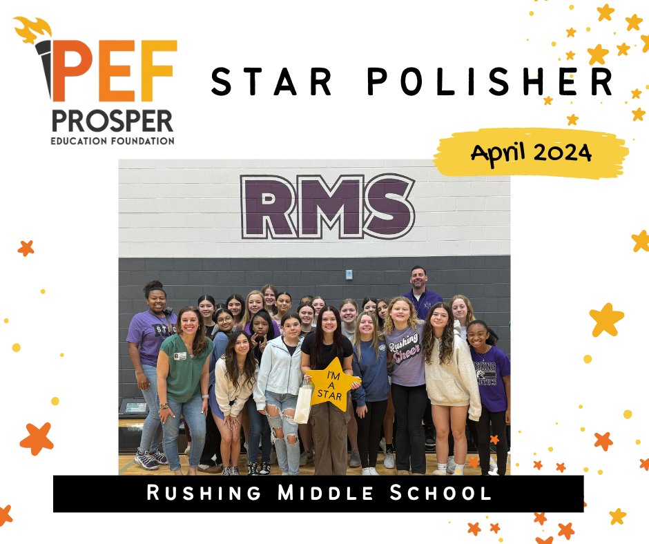PEF is happy to celebrate, Ms. Eidson as the April Star Polisher for Rushing Middle School. Congratulations to you! Enjoy your special day! 🌟 #amazingteachers #starpolisher #RushingMiddleSchool