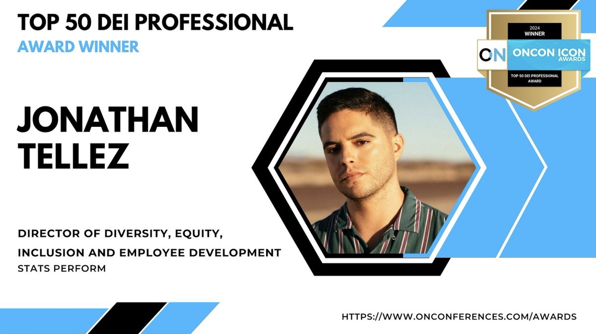 🎉 Congratulations to Jonathan Tellez, Director of #DEI and Employee Development, on being named one of @onconferences' 𝐓𝐨𝐩 𝟓𝟎 𝐃𝐄𝐈 𝐏𝐫𝐨𝐟𝐞𝐬𝐬𝐢𝐨𝐧𝐚𝐥𝐬. The award honors Jonathan's continued impact on Stats Perform and our entire global operation.