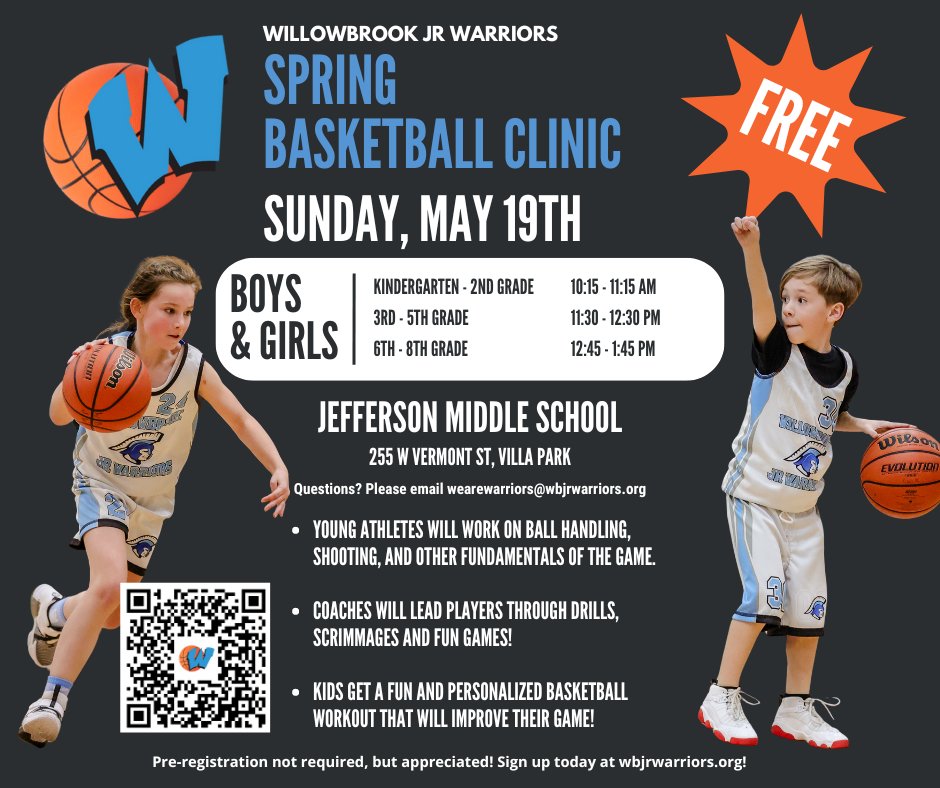 💥Announcing a FREE basketball clinic on May 19th for boys and girls, K-8th!💥 Whether you were a part of Jr Warriors basketball this past season or not, all kids are invited! Pre-registration is not required, but appreciated. Sign up today at bit.ly/WBJW_2024Sprin…