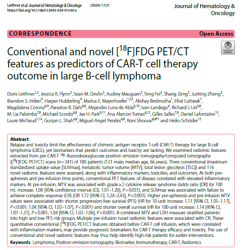 New in Journal of Hematology & Oncology:  A combined metabolic tumor volume (on FDG PET/CT) and LDH measure stratified patients with large B-cell lymphoma into high and low PFS risk groups for chimeric antigen receptor T-cell (CAR-T) therapy. #lymsm
🧬jhoonline.biomedcentral.com/articles/10.11…