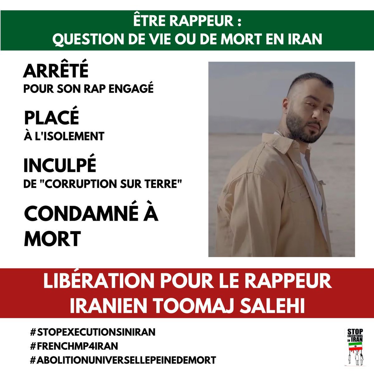 🔴 Pour l’abolition universelle de la peine de mort, j’appelle @steph_sejourne à exiger la libération immédiate de #ToomajSalehi rappeur iranien engagé condamné à mort et de tous les prisonniers politiques en Iran par @Iran_GOV.

#Freetoomaj
#StopExecutionsInIran
#FemmeVieLiberte