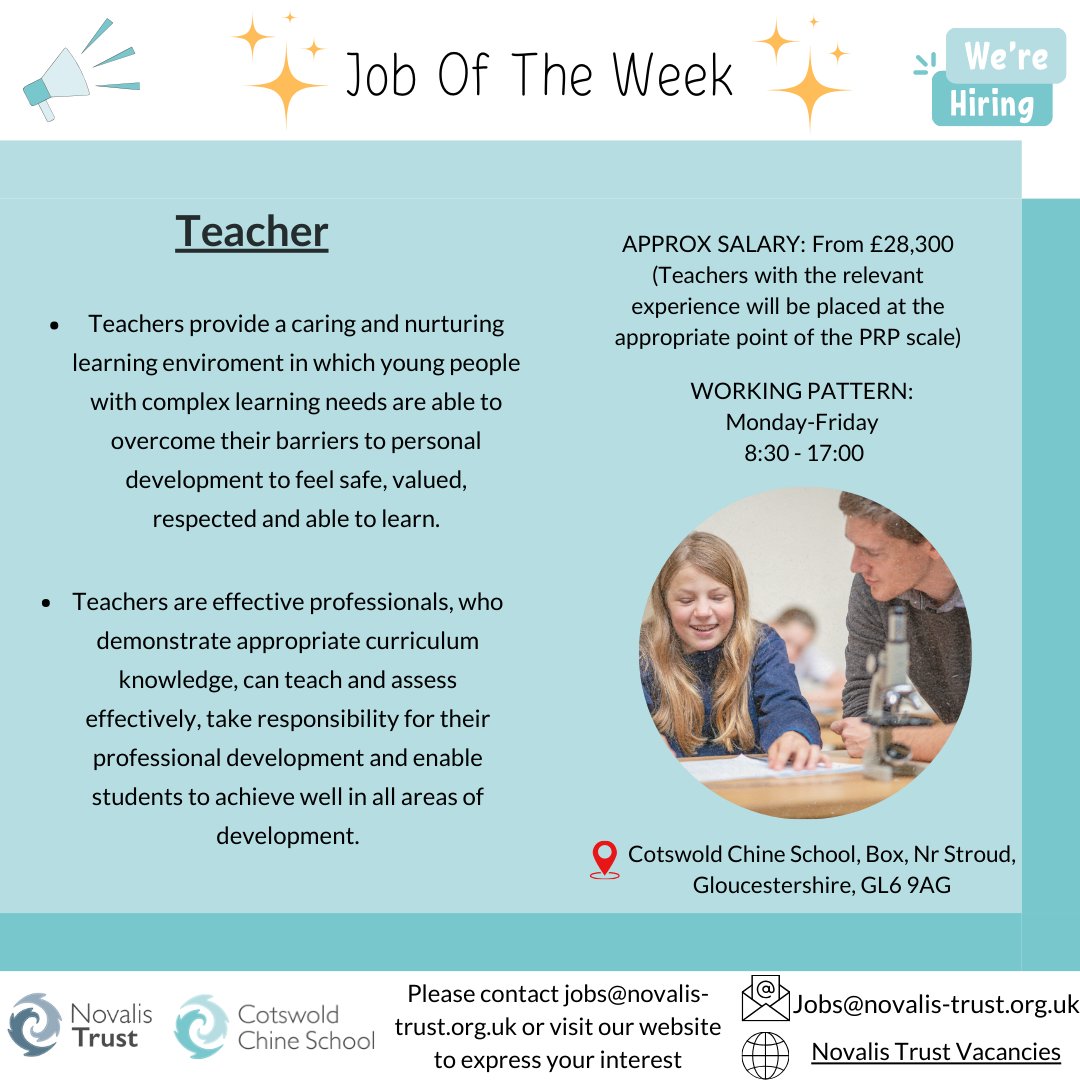 🌟Job of The Week🌟 To express interest in this role please contact us at Jobs@novalis-trust.org.uk or visit our website to find out more about current vacancies. novalis-trust.org.uk/careers/vacanc… #jobsineducation #jobsinteaching #JobVacancy #teachingjobs #jobsingloucestershire #hiring
