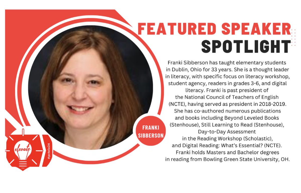 Today’s #FeaturedSpeaker Spotlight is Franki Sibberson! @frankisibberson is an elementary teacher (for 33 years!) and a past president of @ncte! We cannot wait to have her as one of our keynote speakers at #pctela24! #elevate #conference #ela #teachers bit.ly/PCTELA24Reg