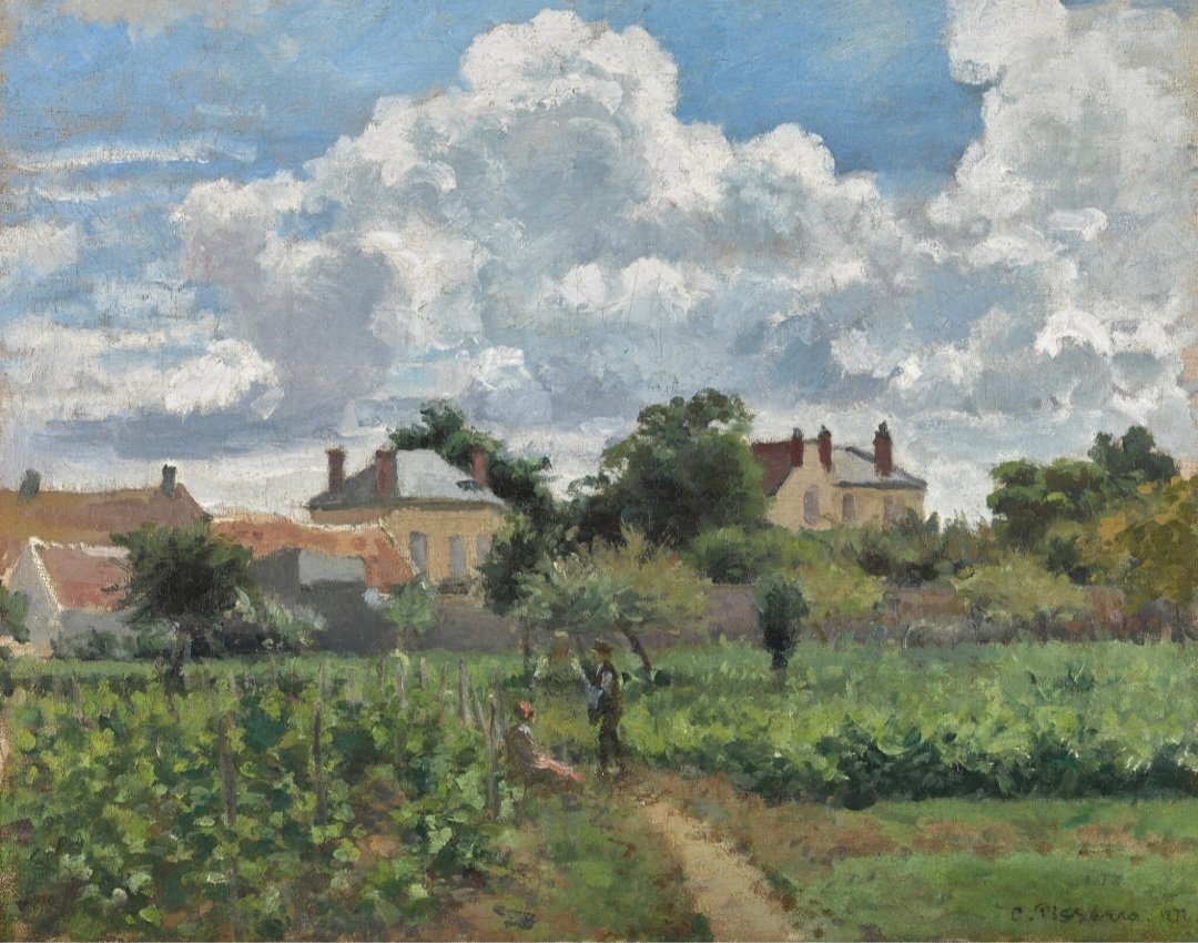 Camille Pissarro's picture from the early 1870s, is a nod to his abiding friendship with Paul Cézanne - they had known each other since the 1860s and would often paint side-by-side in both Pontoise (seen here) and Auvers-sur-Oise, drawing inspiration from one another. Pissarro’s