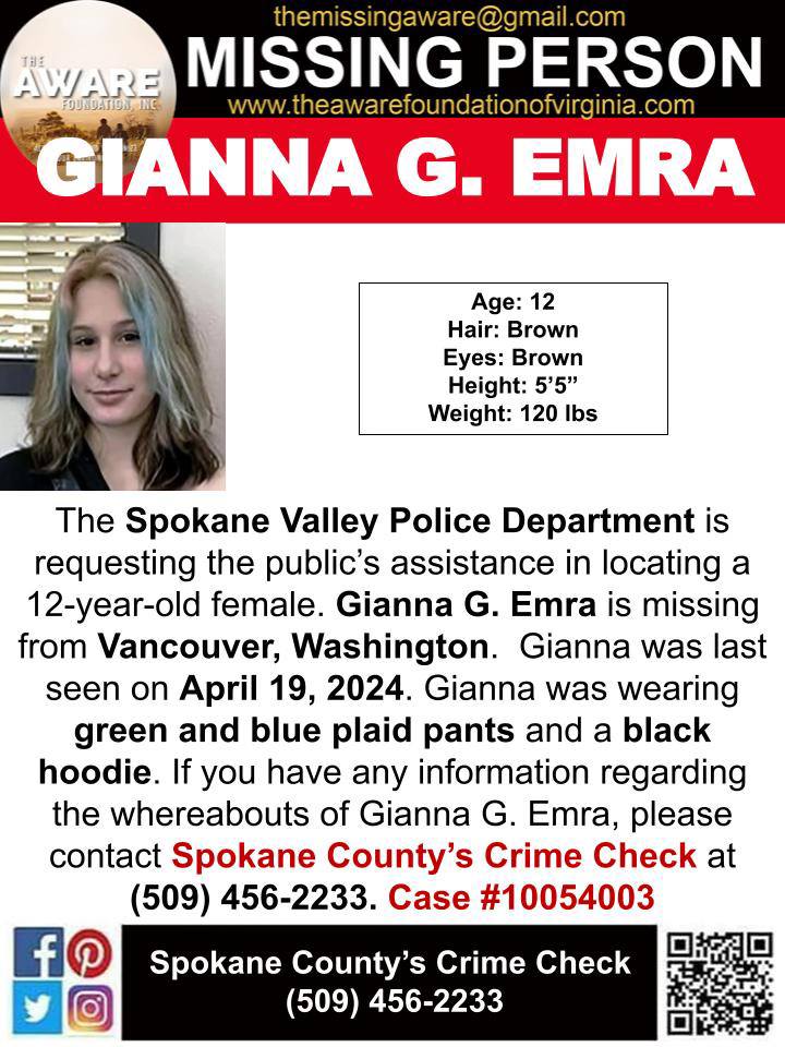 ***MISSING JUVENILE*** VANCOUVER, WA

The Spokane Valley Police Department is requesting the public’s assistance in locating a 12-year-old female. Gianna G. Emra is missing from Vancouver, Washington.  Gianna was last seen on April 19, 2024. Gianna was wearing green and blue…