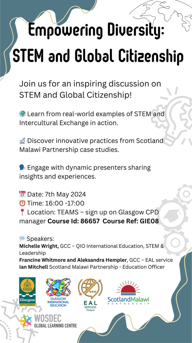 Have you signed up yet? We have a great lineup of speakers! Don't miss out. Please share! 🌍🔬❤️🇲🇼 @wosdec @ScotlandMalawi @MalawiLOL @EdISGlasgow @EALGlasgow @EqualitiesEdGCC @Glasgowlangs @STEMglasgow @ClevedenScience @GCEducationScot @ScotdecLearning