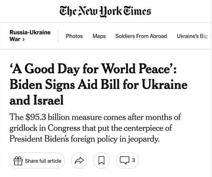 #OrwellMoment: Il @NYTimes riferisce che lo stanziamento di 95 miliardi di $ in armi è un “buon giorno per la pace nel mondo”.. #WarIsPeace