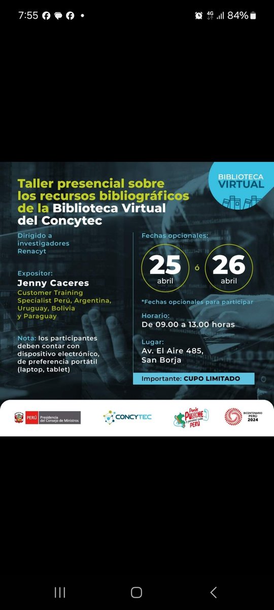 claudia_cy's tweet photo. ¿Quieres aprender a utilizar o sacarle el máximo provecho a los recursos que tienes disponibles en la Biblioteca Virtual del Concytec? Ven con tu laptop a @ConcytecPeru Av. Del Aire 485, San Borja. Hoy y mañana https://t.co/abB1s3R6iQ