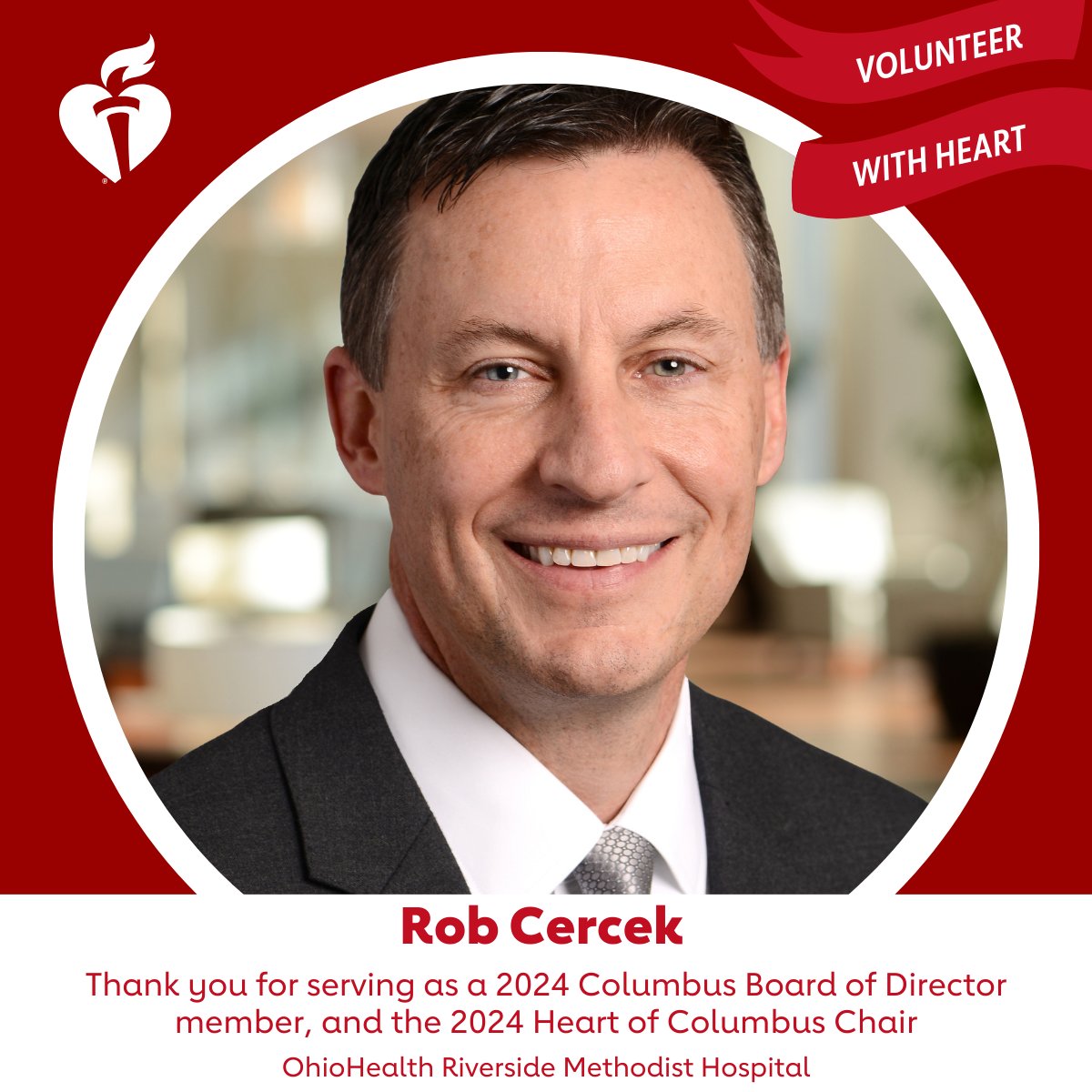 Continuing the volunteer week celebration, we want to extend a thank you to Rob Cercek at @OhioHealth. Rob is serving as the 2024 Heart of Columbus Chair this year, and we are so grateful for his volunteer leadership! #NVW #VolunteersWithHeart