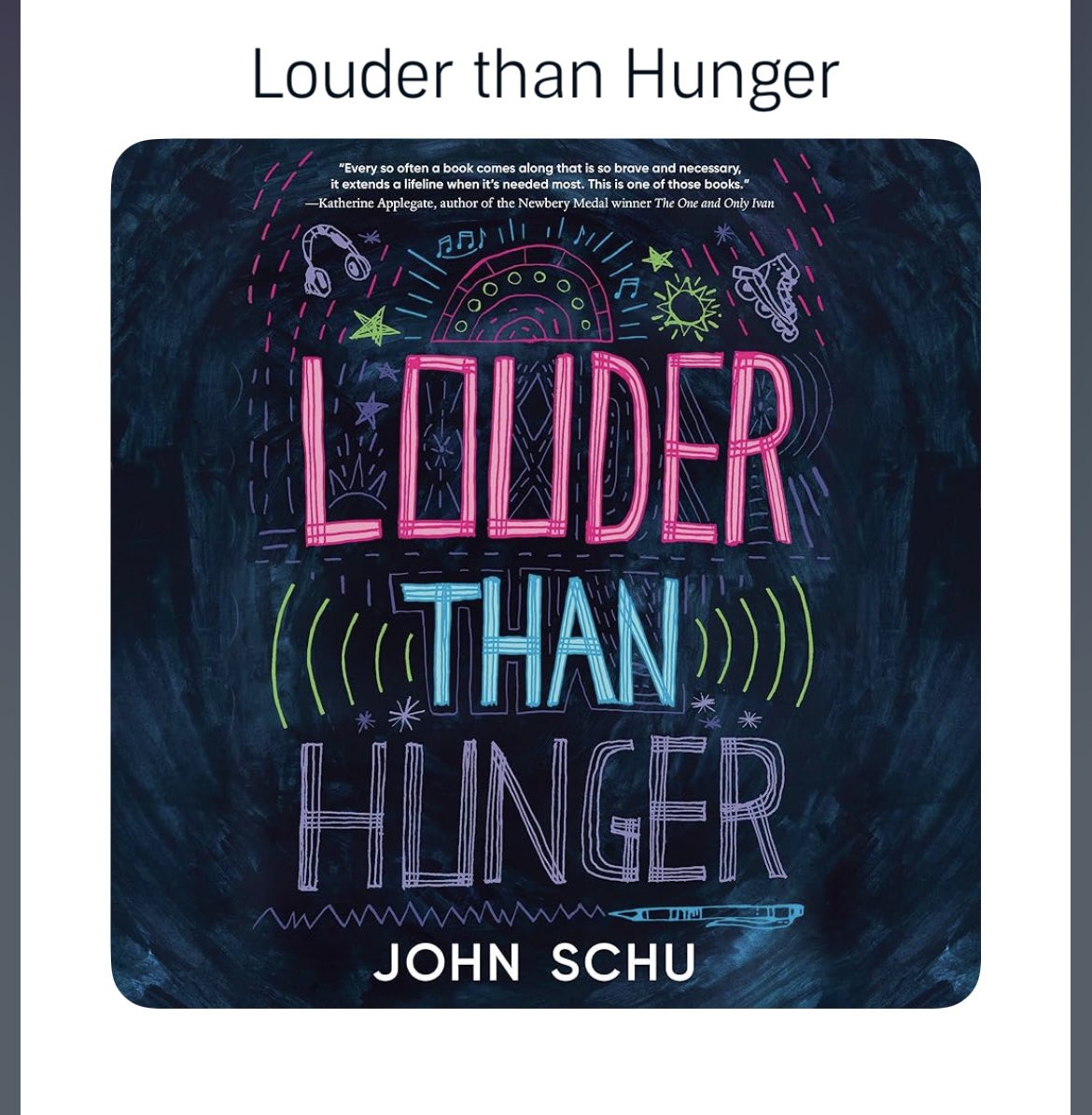 Tracy and I are traveling this week and just finished @MrSchuReads LOUDER THAN HUNGER . Well told story, incredible message, so impactful. Congrats, John!