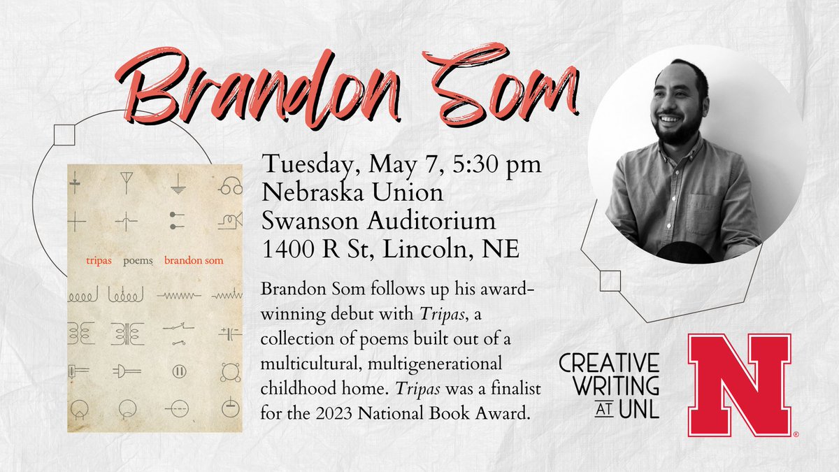 Join us Tuesday, May 7 at 5:30 pm in the Nebraska Union’s Swanson Auditorium at @UNLincoln for a reading with poet and National Book Award finalist Brandon Som! Som will read from his latest collection, Tripas. @unlcas @unlenglish