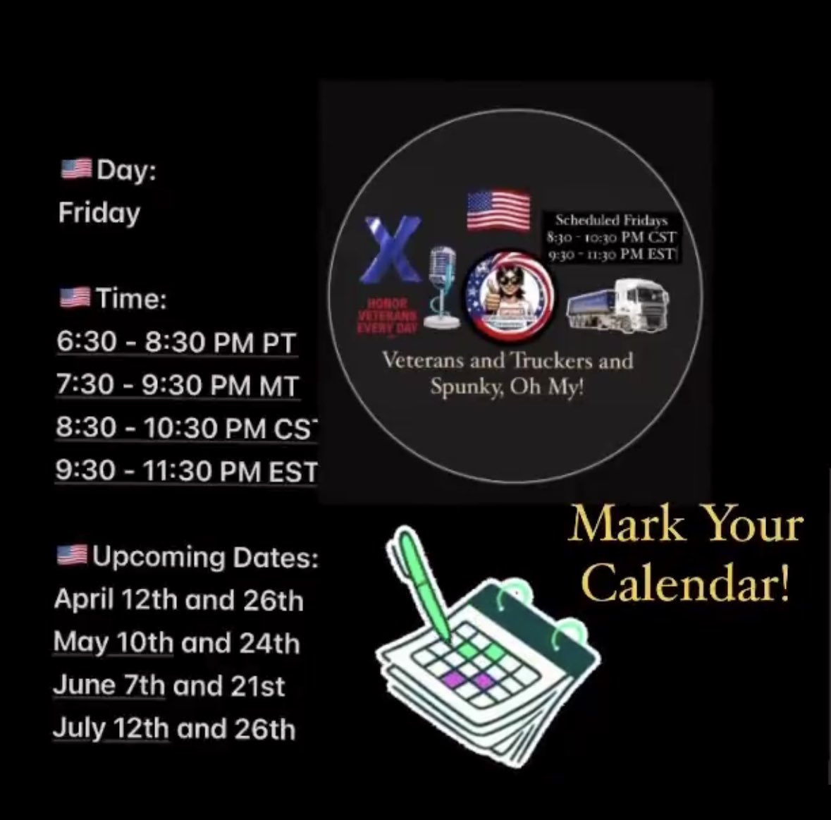 @averageJohn911 If you're a #Veteran or #TruckerVeteran, please mark your calendar 🗓️ and plan to join me, Spunky, @SpunkyPatriot_  every other Friday for 'Veterans and Truckers and Spunky, Oh My!'  This space is dedicated to Veterans, Trucker Veterans and all who support Veterans. Also, if…