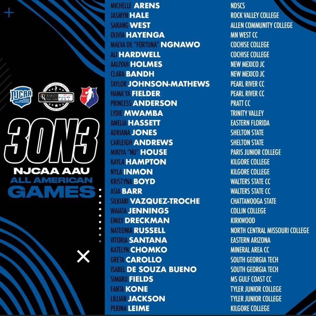 Ladies and Gentlemen, we would like to congratulate the following NJCAA student on their nomination to participate in the Inaugural 2024 NJCAA Hall of Fame 3v3 All American Weekend Event. This event is in conjunction with the Women’s Basketball Hall of Fame the weekend.