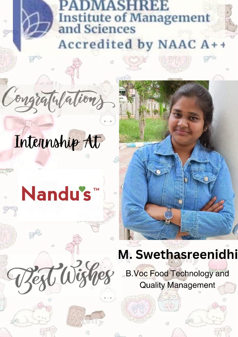 Hearty congratulations to Ms. Swetha Srinidhi for securing an internship at Nandu's🎉 Her achievement, as a student from the Department of B.Voc Food Technology and Quality Management, exemplifies the excellence and dedication within our program 👏 #InternshipSuccess #ProudMoment