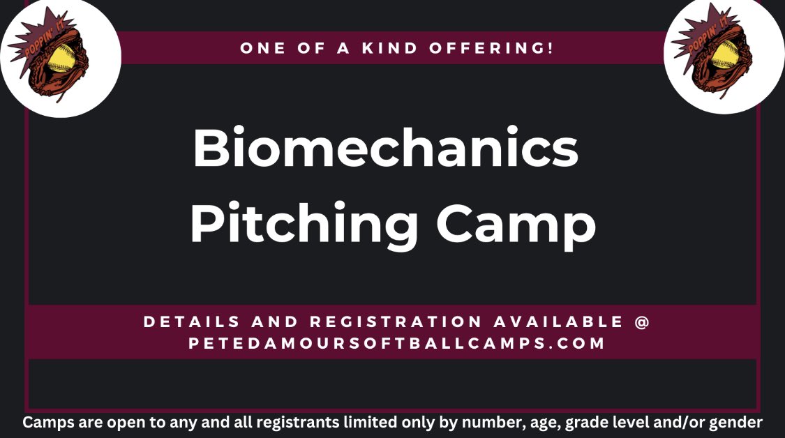 Summer Camps are now open and live for registration! 🦃 - Prospect Camps: June 11, June 12, July 16, July 17 (include All-Skills, Pitching, Catching sessions) 🦃 - Biomechanics Pitching Camp - many dates See you in Blacksburg 😎 petedamoursoftballcamps.com