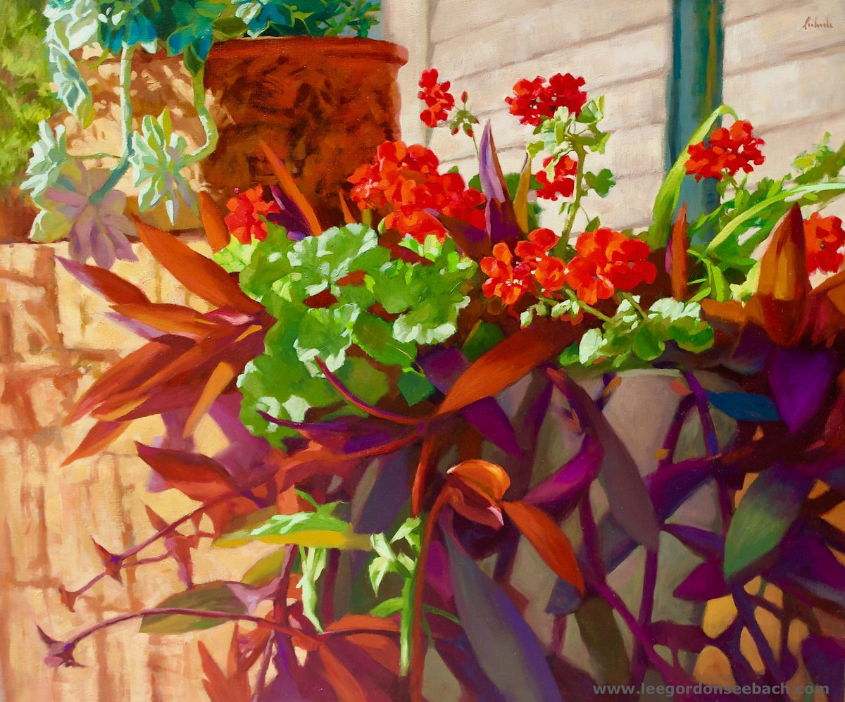 'Jerome Geraniums' oil on linen 30'x36'  Flowers on a garden wall I found in Jerome, Arizona.  #art #oilpainting #paintings #painting #garden #artists #artistsontwitter #ArtistOnTwitter #Arizona #100daysofpainting #painterlypainter