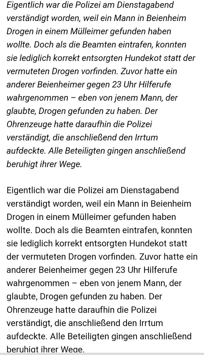 Funfact: mindestens zwei Menschen in Deutschland haben der Polizei Plastikbeutel mit Hundekot übergeben, weil sie es für Drogenpakete hielten und ich finde man sollte das öfter machen.

#Drogensindscheiße