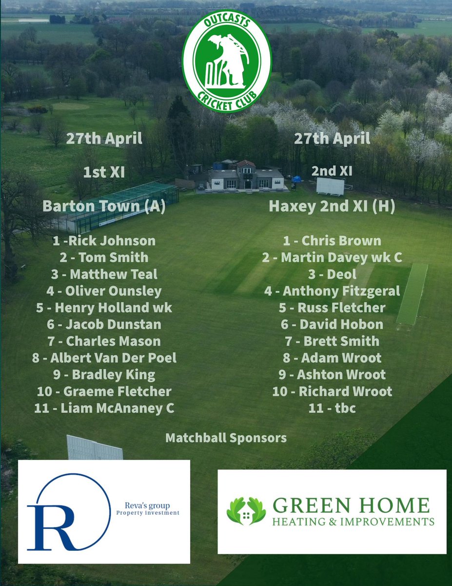 Outcasts Cricket Club (@outcastscc) on Twitter photo Team news as our 2nd XI start their season on Saturday. The 1st XI is unchanged as they make the trip up to <a href="/BartonTownCC/">Barton Town CC ๐</a> and the 2nd Host <a href="/HaxeyCC/">Haxey Cricket Club</a> . Matchball sponsors are Revaโs group and Green Home Hearing and inprovements Team news as our 2nd XI start their season on Saturday. The 1st XI is unchanged as they make the trip up to <a href="/BartonTownCC/">Barton Town CC ๐</a> and the 2nd Host <a href="/HaxeyCC/">Haxey Cricket Club</a> . Matchball sponsors are Revaโs group and Green Home Hearing and inprovements