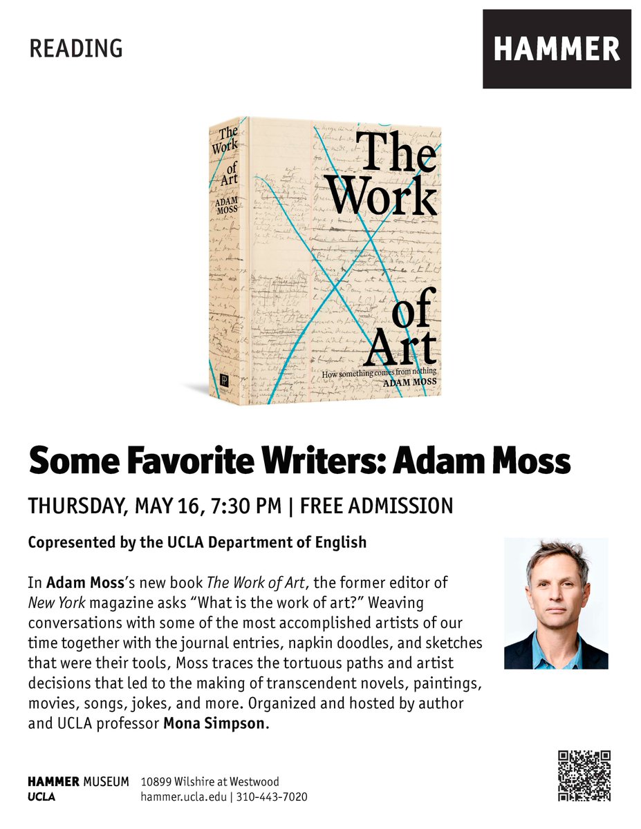 On May 16th, join Adam Moss at @hammer_museum in Los Angeles as he reads and answers questions about his new book, The Work of Art. Learn more: hammer.ucla.edu/programs-event…