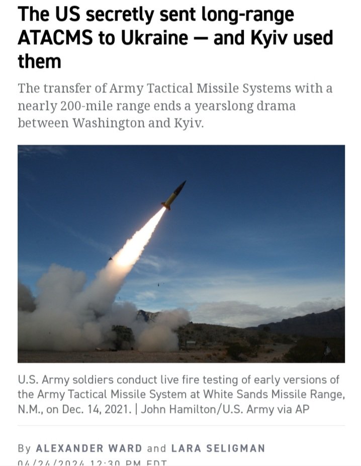 NewsZapper's tweet image. #USsupport #NATORussiaWar #UkraineRussiaWar #UkraineKrieg 
The US secretly sent long-range ATACMS with a nearly 200-mile rangeto Ukraine — and Kyiv used them
reuters.com/world/us/us-qu…
politico.com/news/2024/04/2…
