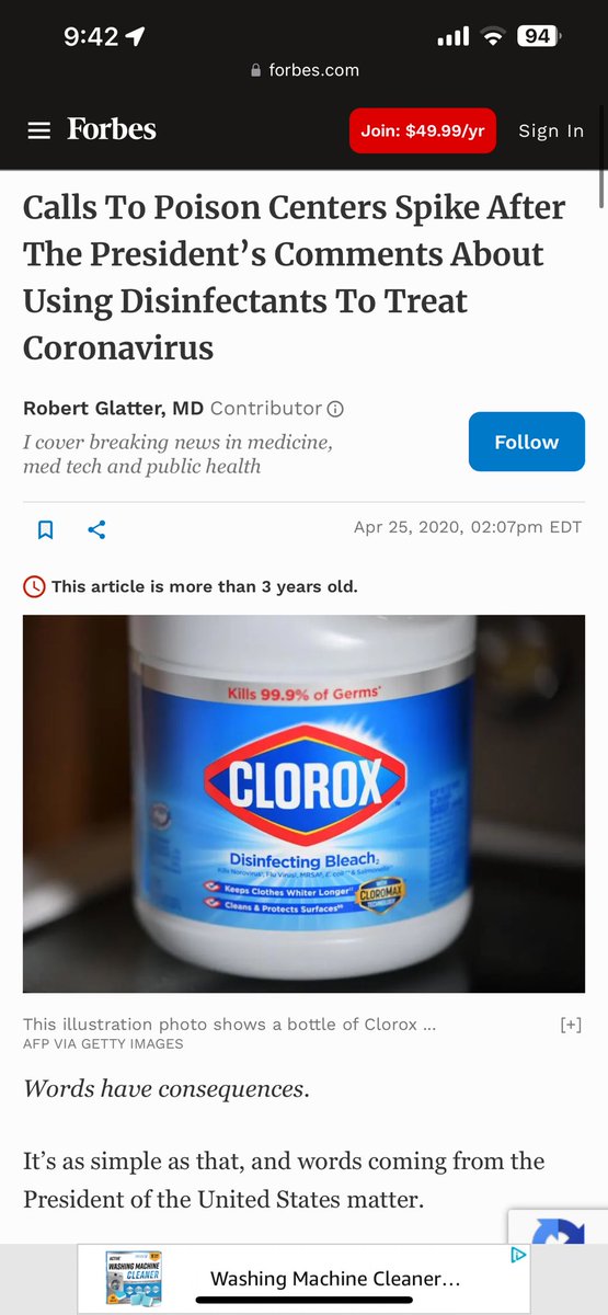 FOUR YEARS AGO TODAY: Calls to poison centers spike as Trump suggests ingesting bleach to combat Covid. Not Fake News….The Fart Master said this. Forbes headline: #DemVoice1