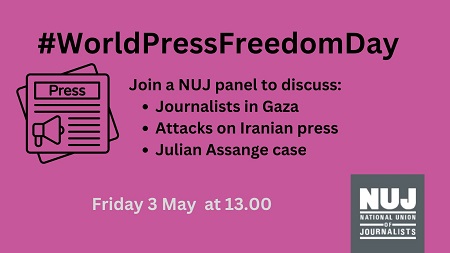 Join the NUJ (online) on Friday 3 May, 13.00-14.00 to celebrate World Press Freedom Day 2024 🗞️ Speakers: Michelle Stanistreet @NUJofficial general secretary, Nasser Abu Baker @InfoPJS, @Stella_Assange, @Behrang. Book now: nuj.org.uk/learn/ems-even… #WorldPressFreedomDay