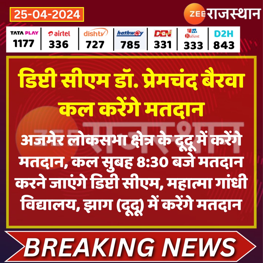 #Jaipur डिप्टी सीएम डॉ. प्रेमचंद बैरवा कल करेंगे मतदान

@DrPremBairwa @BJP4Rajasthan @kashiram_journo #LatestNews #RajasthanNews #RajasthanWithZee