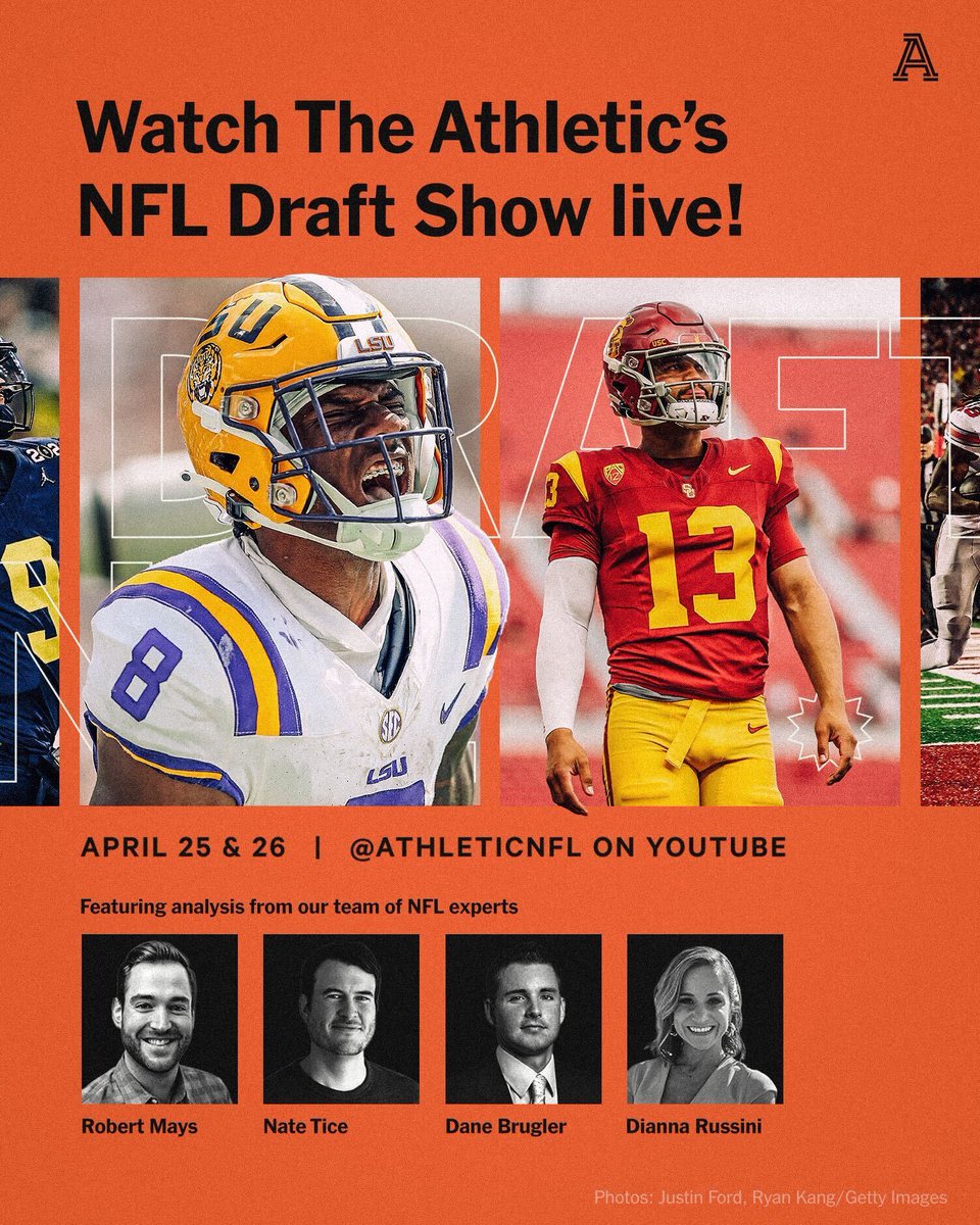 Tonight. 7:30 pm ET. The Athletic's NFL Draft Show, streaming LIVE from Detroit! Join me, @dpbrugler, and @Nate_Tice as we break down every pick of Round 1 — with insight from @DMRussini and some other special guests. Link: bit.ly/3xQl3yQ